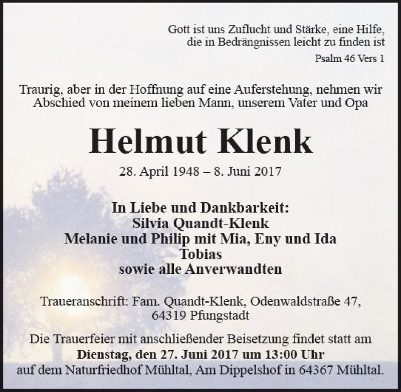  Traueranzeige für Helmut Klenk vom 17.06.2017 aus Trauerportal Echo Online