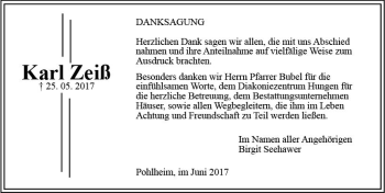 Traueranzeige von Karl Zeiß von  Gießener Anzeiger