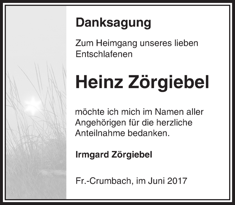  Traueranzeige für Heinz Zörgiebel vom 03.06.2017 aus Trauerportal Echo Online