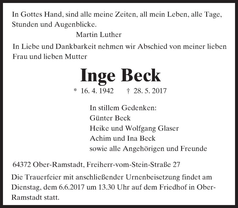  Traueranzeige für Inge Beck vom 03.06.2017 aus Trauerportal Echo Online