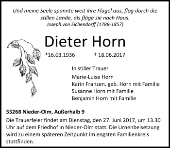 Traueranzeige von Dieter Horn von Trauerportal Rhein Main Presse