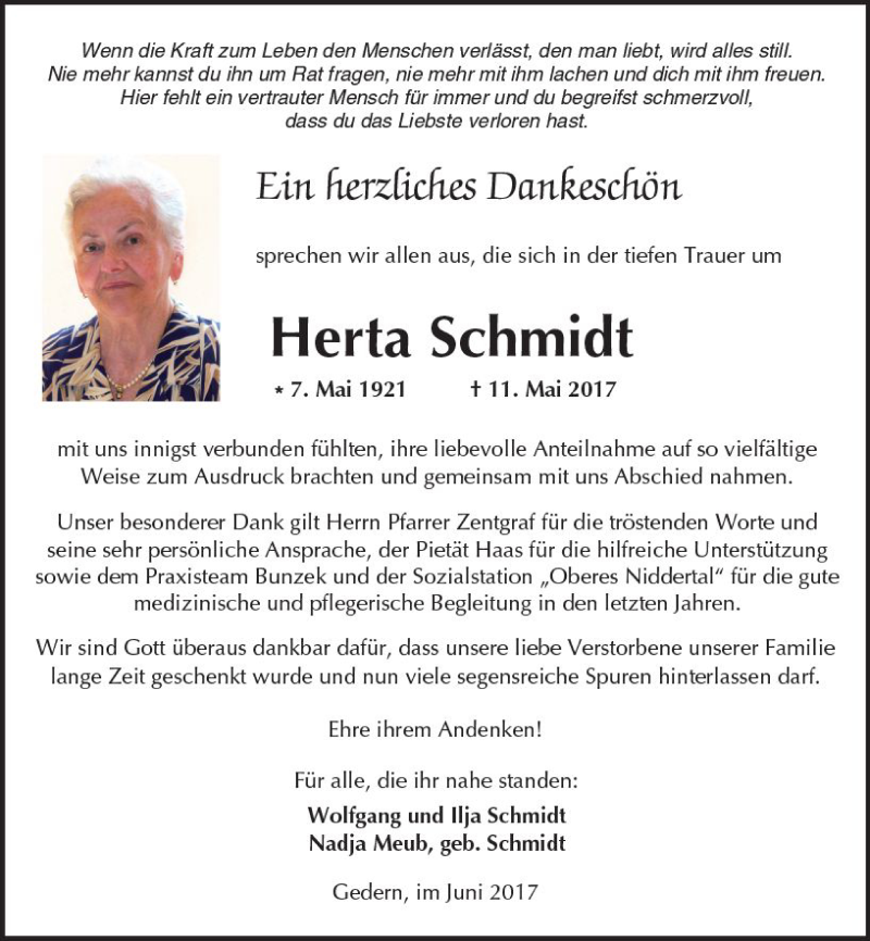  Traueranzeige für Herta Schmidt vom 24.06.2017 aus  Kreisanzeiger