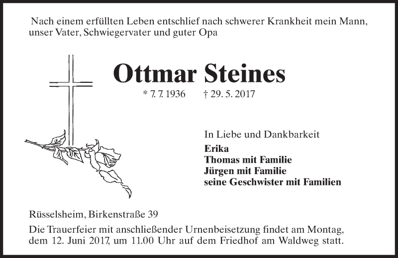  Traueranzeige für Ottmar Steines vom 03.06.2017 aus Trauerportal Rhein Main Presse