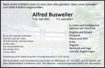 Traueranzeige von Alfred Busweiler von Trauerportal Rhein Main Presse