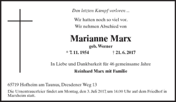 Traueranzeige von Marianne Marx von Trauerportal Rhein Main Presse