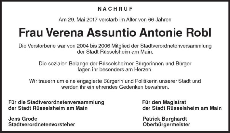  Traueranzeige für Verena Assuntio Antonie Robl vom 09.06.2017 aus Trauerportal Rhein Main Presse