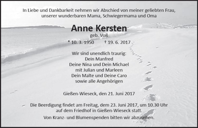  Traueranzeige für Anne Kersten vom 21.06.2017 aus  Gießener Anzeiger