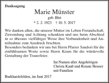Traueranzeige von Marie Münster von  Gießener Anzeiger