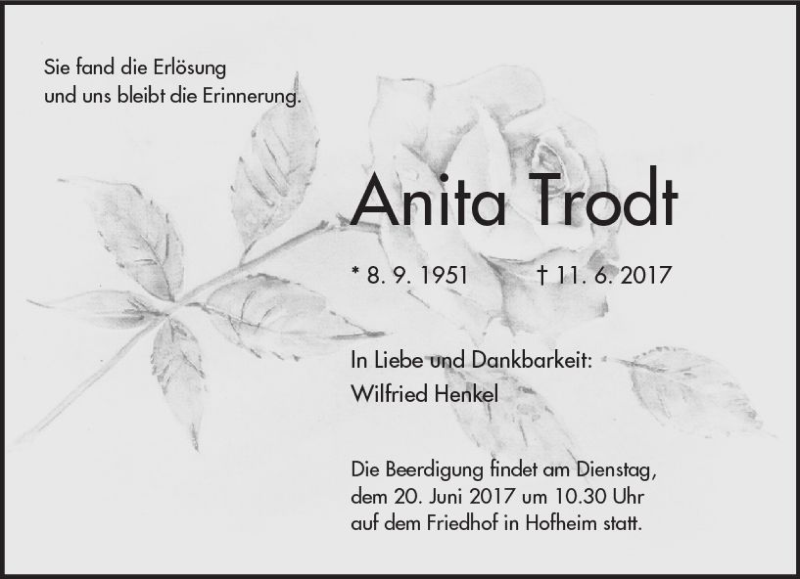  Traueranzeige für Anita Trodt vom 16.06.2017 aus Trauerportal Rhein Main Presse