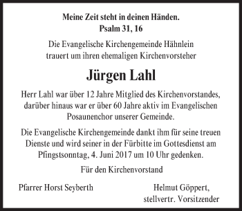 Traueranzeige von Jürgen Lahl von Trauerportal Echo Online