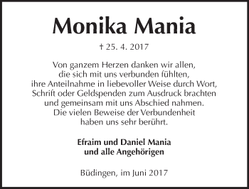 Traueranzeige von Monika Mania von  Kreisanzeiger