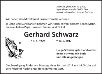 Traueranzeige von Gerhard Schwarz von Trauerportal Rhein Main Presse