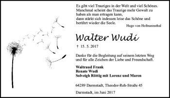 Traueranzeige von Walter Wudi von Trauerportal Echo Online