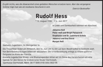 Traueranzeige von Rudolf Hess von Trauerportal Echo Online