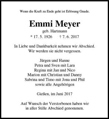 Traueranzeige von Emmi Meyer von  Gießener Anzeiger