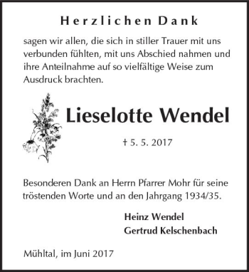 Traueranzeige von Lieselotte Wendel von Trauerportal Echo Online