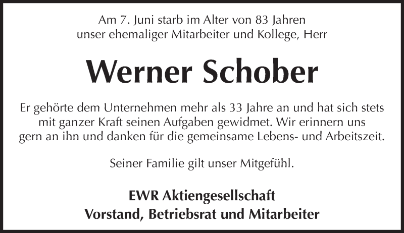  Traueranzeige für Werner Schober vom 13.06.2017 aus Trauerportal Rhein Main Presse