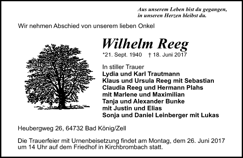  Traueranzeige für Wilhelm Reeg vom 23.06.2017 aus Trauerportal Echo Online