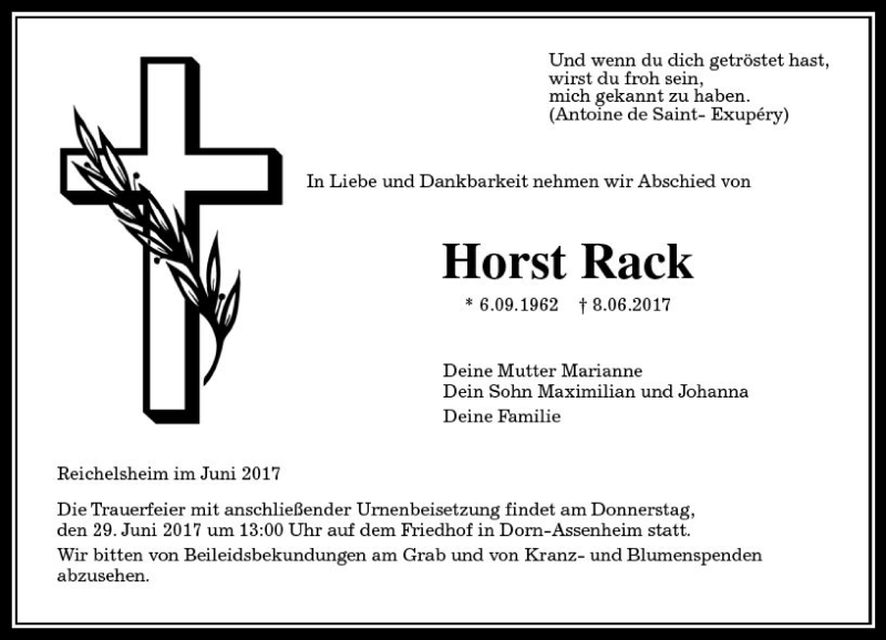  Traueranzeige für Horst Rack vom 24.06.2017 aus  Kreisanzeiger