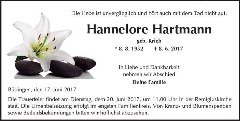  Traueranzeige für Hannelore Hartmann vom 17.06.2017 aus  Kreisanzeiger