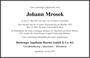 Traueranzeige von Johann Mrosek von Trauerportal Rhein Main Presse