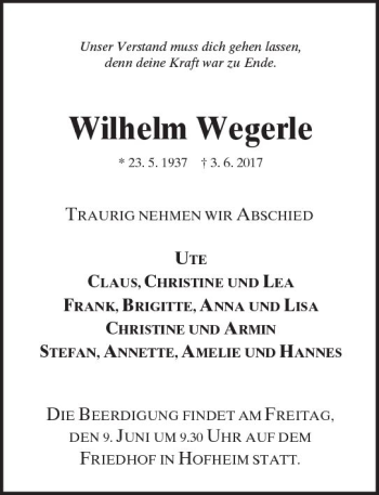 Traueranzeige von Wilhelm Wegerle von Trauerportal Echo Online