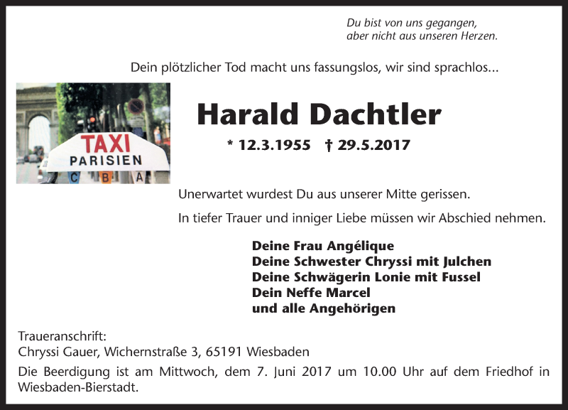  Traueranzeige für Harald Dachtler vom 03.06.2017 aus Trauerportal Rhein Main Presse