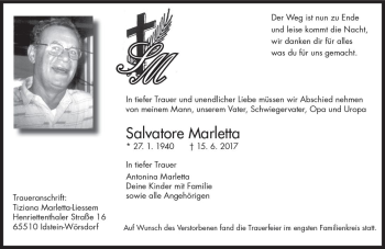 Traueranzeige von Salvatore Marletta von Trauerportal Rhein Main Presse