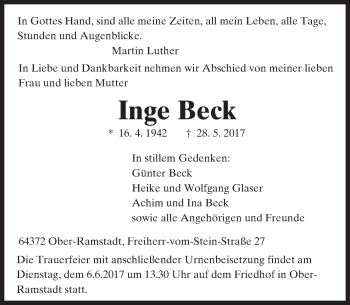 Traueranzeige von Inge Beck von Trauerportal Echo Online