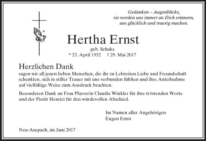  Traueranzeige für Hertha Ernst vom 17.06.2017 aus  Usinger Anzeiger