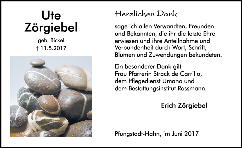  Traueranzeige für Ute Zörgiebel vom 03.06.2017 aus Trauerportal Echo Online