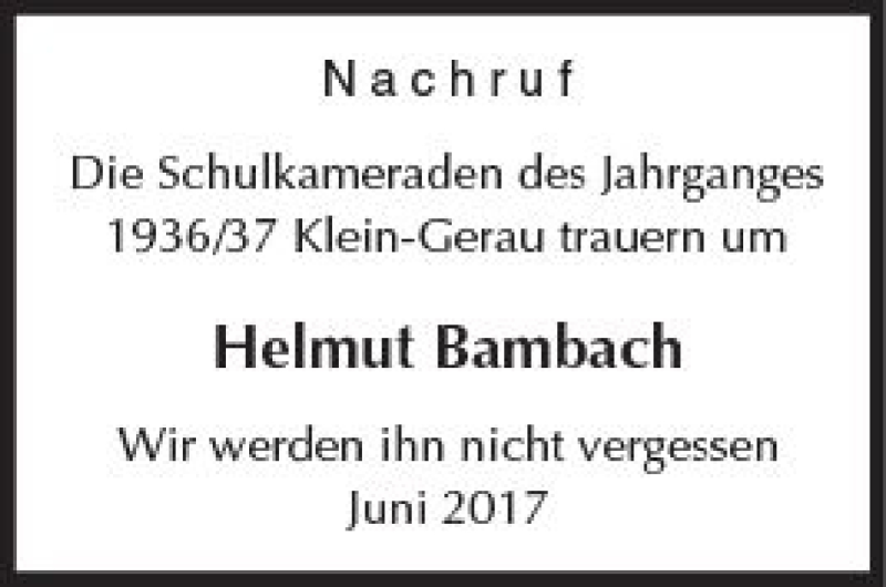  Traueranzeige für Helmut Bambach vom 17.06.2017 aus Trauerportal Echo Online