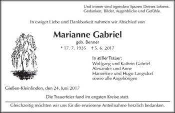 Traueranzeige von Marianne Gabriel von  Gießener Anzeiger