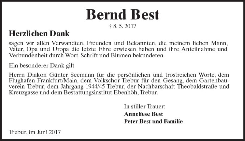  Traueranzeige für Bernd Best vom 16.06.2017 aus Trauerportal Echo Online
