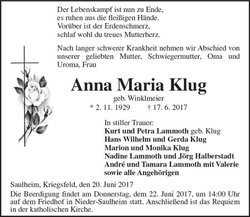  Traueranzeige für Anna Maria Klug vom 20.06.2017 aus Trauerportal Rhein Main Presse