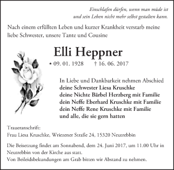 Traueranzeige von Elli Heppner von Trauerportal Rhein Main Presse