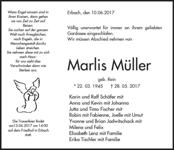 Traueranzeige von Marlis Müller von Trauerportal Rhein Main Presse