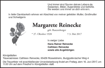 Traueranzeige von Margarete Reinecke von Trauerportal Rhein Main Presse