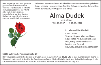Traueranzeige von Alma Dudek von Trauerportal Rhein Main Presse