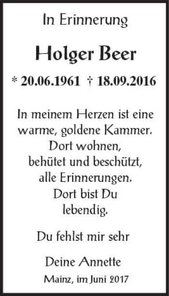 Traueranzeige von Holger Beer von Trauerportal Rhein Main Presse