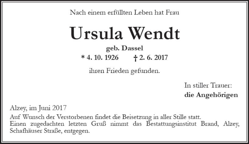 Traueranzeige für Ursula Wendt vom 10.06.2017 aus Trauerportal Rhein Main Presse