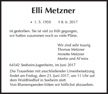 Traueranzeige von Elli Metzner von Trauerportal Echo Online