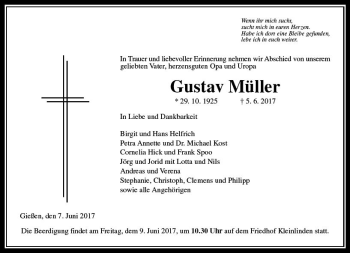 Traueranzeige von Gustav Müller von  Gießener Anzeiger