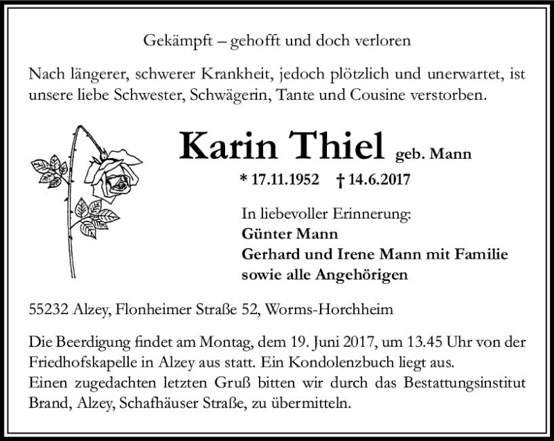  Traueranzeige für Karin Thiel vom 16.06.2017 aus Trauerportal Rhein Main Presse
