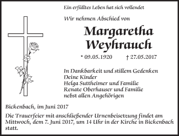 Traueranzeige von Margaretha Weyhrauch von Trauerportal Echo Online
