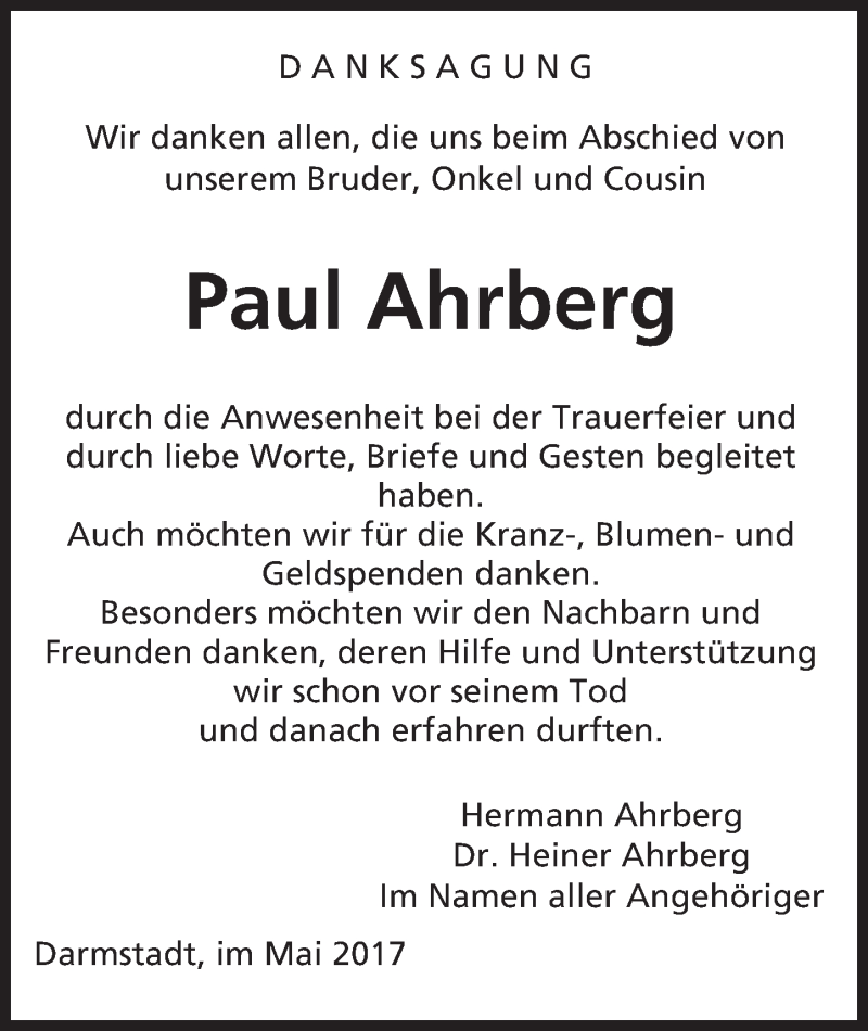  Traueranzeige für Paul Ahrberg vom 03.06.2017 aus Trauerportal Rhein Main Presse