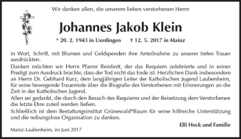 Traueranzeige von Johannes Jakob Klein von Trauerportal Rhein Main Presse