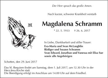 Traueranzeige von Magdalena Schramm von  Kreisanzeiger
