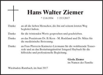 Traueranzeige von Hans Walter Ziemer von Trauerportal Rhein Main Presse
