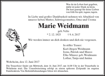 Traueranzeige von Marie Weidmann von  Usinger Anzeiger
